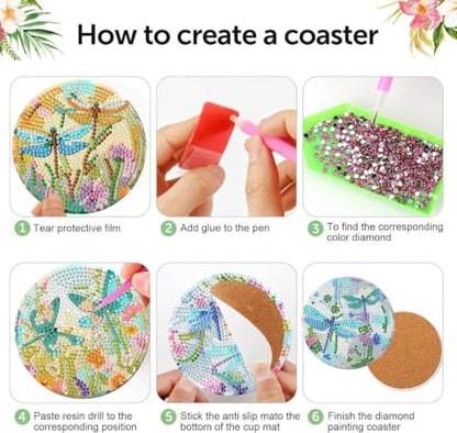 8 PCS Dragonfly Diamond Art Coasters with Holder,Diamond Painting Coasters - color: Dragonfly