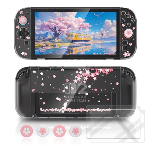 NANANINO Switch 2 Case for Nintendo Switch 2, Dockable Clear Protective Cover with Cherry Blossom Cat Design, Tempered Glass Screen Protector & Thumb Grips, Kawaii Pink Case for Girls - color: Pink