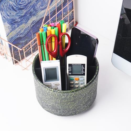 lizimandu Round Leather Art Supply Organizer,Remote Control Holder,360 Degree Spinning,Multi-Functional Pencil Holder,4 Compartments Desktop Stationary Organizer(1-Carved Metal Green2) - color: 1-Carved Metal Green2