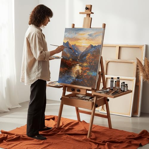 Beech Wood H-Frame Easel for Painting with Tray & Drawer, Natural - color: Natural
