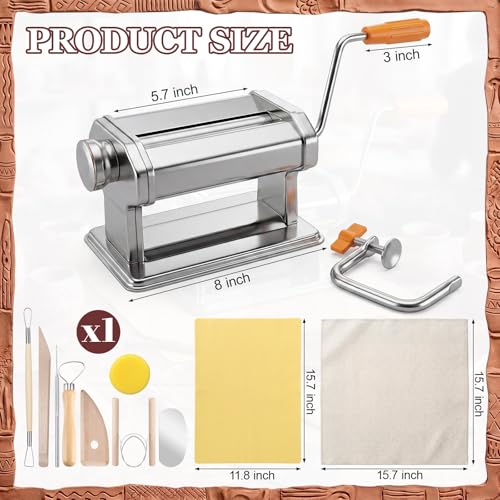 11 Pcs Polymer Clay Roller Machine Set, Stainless Steel Clay Press Machine with 6 Thickness Settings, Handbuilding Kit with Sculpting Tools Silicone Mat and Canvas Cloth for DIY Crafts
