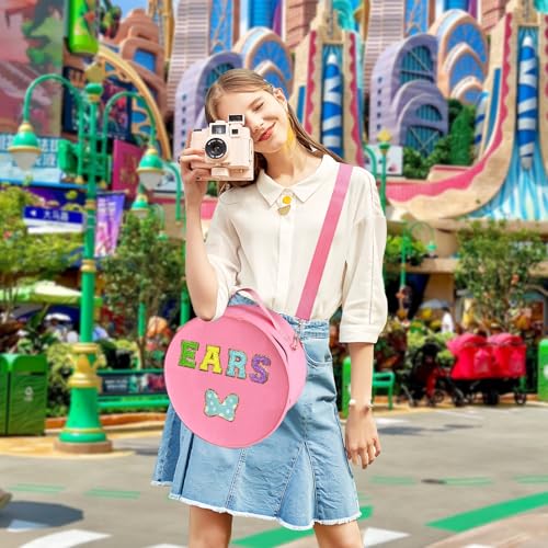 Chenille Letter Bow Mouse Ears Travel Case, Large Round Tote Storage Box - color: Pink