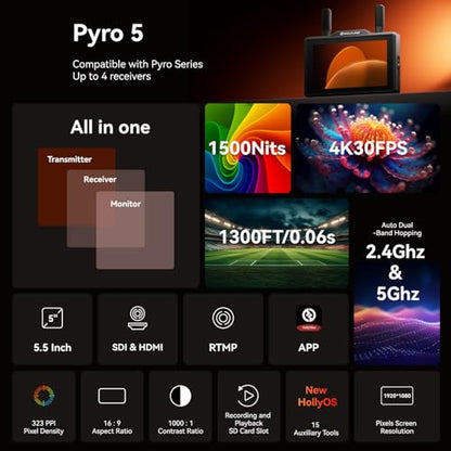 Hollyland Pyro 5 Wireless Transceiving Monitor + Pyro S Wireless Video Transmitter and Receiver Ecosystem - size: 5.5 inch - Pyro 5 & Pyro S