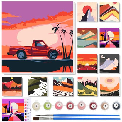 Nezyo 12 Sets Paint by Numbers Kit with Frame, Acrylic Canvas 8x8in - style: Travel