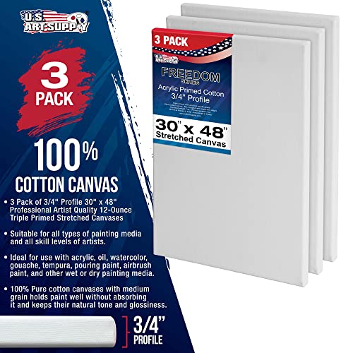 U.S. Art Supply 30"x48" Stretched Canvas for Painting, 3/4" Profile, 3-Pack - size: 30" x 48"