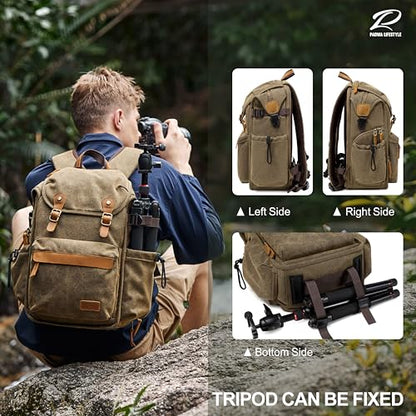 Padwa Lifestyle Khaki Camera Backpack - Professional DSLR & UAV Camera Bag,Anti Theft Canvas Camera Backpacks with Rain Cover,Large Capacity Photography Travel Camera Bag with Multi Compartments - color: Khaki Canvas, style: Canvas Bag Flap