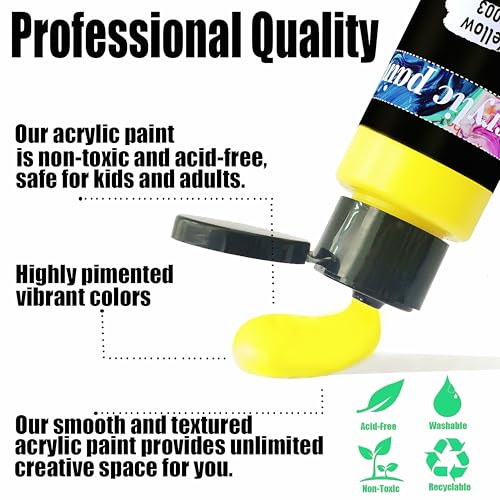 Acrylic Paint Set 76 PCS of 64 Colors 2fl oz 60ml Bottles with 12 Brushes,Non Toxic 64 Colors Acrylic Paint No Fading Rich Pigment for Kids Adults Artists Canvas Crafts Wood Painting