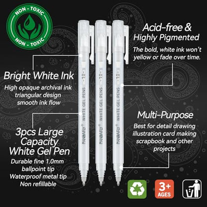 PANDAFLY White Gel Pens, 3-Pack, 1.0mm Fine Point Opaque Gel Ink Pens - style: White-1.0mm
