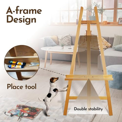 Heavy Duty A-Frame Wood Easel Stand - Adjustable Studio Easel Holds Large Canvas, Mirror, Wedding Sign Up to 90 Inches, Floor Display Easel for Artists & Events, Natural Beechwood - color: BeechWood