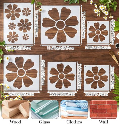 6 Pcs Flower Stencil, Floral Daisy Reusable Paint Art Stencils, 11.8 Inches