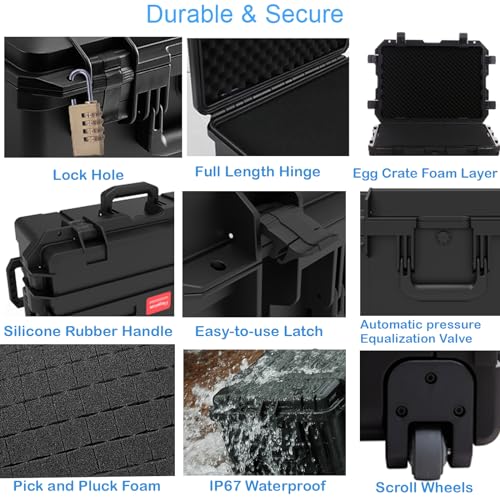 Regetek 27" Waterproof Hard Case with Foam, Rolling Equipment Flight Case with Wheels & Retractable Handle for Camera, Drone, Tools, Electronics, Heavy Duty, IP67 Rated, Inner 21.6"X 14.6"X10.2"