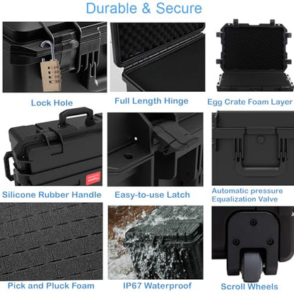 Regetek 27" Waterproof Hard Case with Foam, Rolling Equipment Flight Case with Wheels & Retractable Handle for Camera, Drone, Tools, Electronics, Heavy Duty, IP67 Rated, Inner 21.6"X 14.6"X10.2"