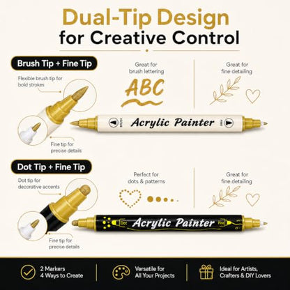 Gold Acrylic Paint Pens, 20 Pack Dual Tip Metallic Gold Markers