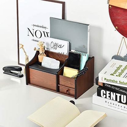 Cherry Brown Wood Desk Organizer Tissue Box Lid Multiple Slots Drawer Tabletop Storage Cabinet Solid Wood Phone Tablet Remote Control Holder Office Supplies Caddy Accessory Sorter Home