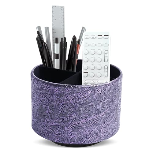 lizimandu Round Leather Art Supply Organizer,Remote Control Holder,360 Degree Spinning,Multi-Functional Pencil Holder,4 Compartments Desktop Stationary Organizer(1-Carved Metal Purple) - color: 1-Carved Metal Purple