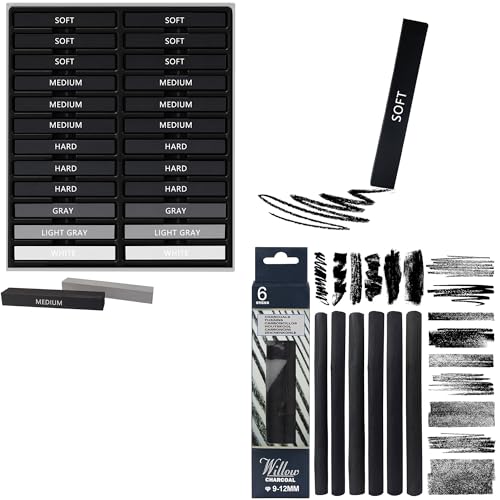 24 Pcs Compressed Charcoal Sticks and 6 Pcs Willow Charcoal Sticks, 9-12 MM Jumbo Willow Charcoal Pencils