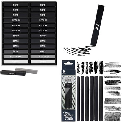 24 Pcs Compressed Charcoal Sticks and 6 Pcs Willow Charcoal Sticks, 9-12 MM Jumbo Willow Charcoal Pencils
