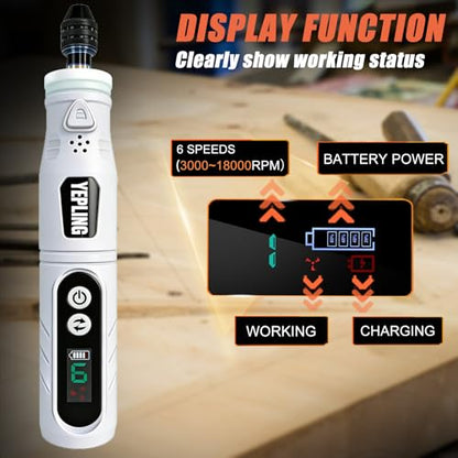 Cordless Rotary Tool, 3.7V Li-ion Electric DIY Mini Grinder Kit with Front LED Work Light, 6 Variable Speed, 68pcs Accessories USB Charging Multi-Tool with Universal Chuck Perfect for Light Duty