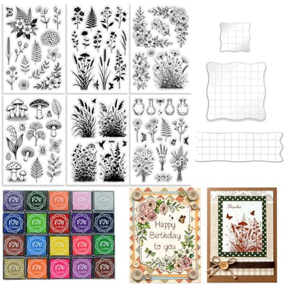 6Pcs Wildflower Clear Stamps for Card Making, 20 Ink Pad - style: 29Pcs Wildflower Clear Stamps