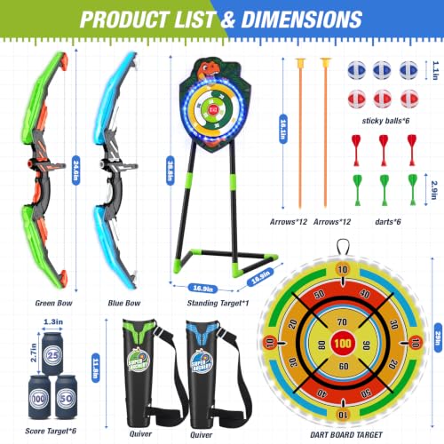 HYES 2 Pack Kids Bow and Arrow with 29" Dart Board & LED Dinosaur Target - size: 2 pack-led dartboard target