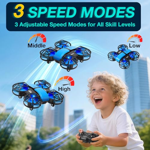 Blue Mini Drone for Kids, Indoor & Outdoor RC Quadcopter, Full Propeller Guards, LED Light, 3D Flips, One Key Start, Headless Mode, 2 Rechargeable Batteries, 21 Mins Total Flight Time, Toy Gift for Boys and Girls(2K-HD)