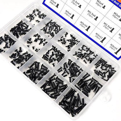 400Pcs Countersunk Flat Head Phillips Machine Screws Kit, M1.7, M2, M2.5, M3 Full Thread Black Zinc Plated Carbon Steel, Hardware Fasteners for Laptop Notebook & Electronics Repair