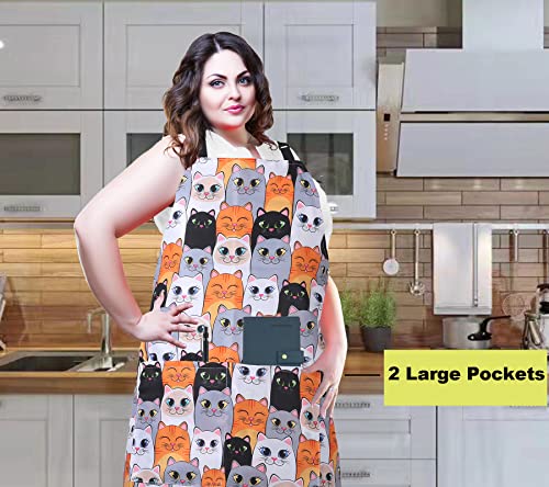 Plus Size Adjustable Bib Apron Water Resistant Canvas Extra Wide Long Ties Aprons with 2 Pockets Kitchen Cooking Gardening - color: Cat