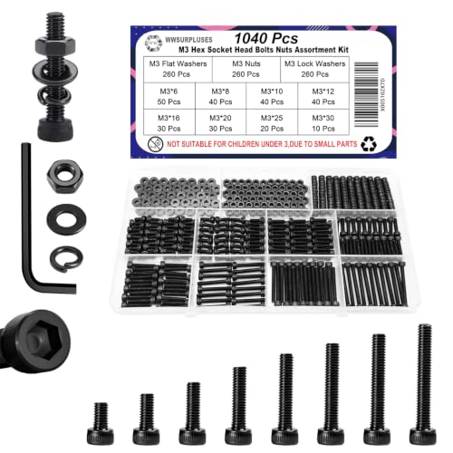 1040Pcs M3 Screw Kit, Hex Socket Head Cap M3 Screws, M3 Bolts Nuts Washers - color: Black, size: Black M3 (1040 Pcs)