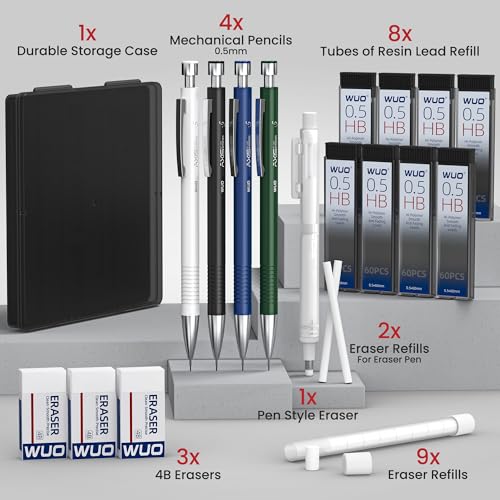 WUO 0.5 mm Mechanical Pencils with Eraser Pen Storage Case, 4 PCS - color: Multicolor1 - 0.5mm (4 Pack)