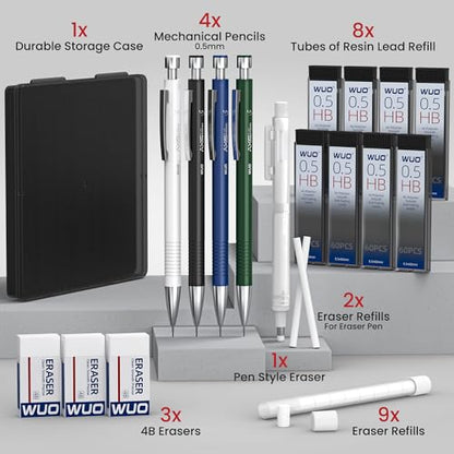 WUO 0.5 mm Mechanical Pencils with Eraser Pen Storage Case, 4 PCS - color: Multicolor1 - 0.5mm (4 Pack)