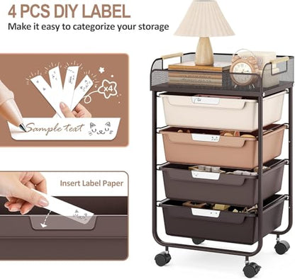 SYKIARIOL 4-Drawer Rolling Storage Cart with Mesh Top,Brown - color: Gradient Brown