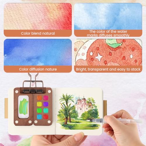 Mini Watercolor Kit,Sketchbook & Brushes,Travel Palette for Sketching