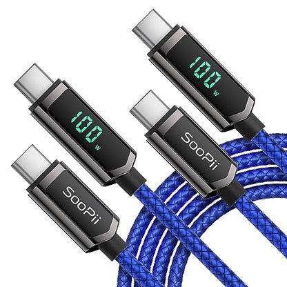 SOOPII 100W USB C Cable with LED Display,Nylon Braided,Blue [4FT,2Pack] - color: Blue, size: 4 Feet (2-Pack) 100W