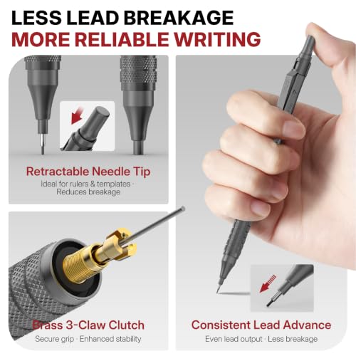 WUO 0.7mm Mechanical Pencil Set, 3 Pack Grey Metal Drafting Pencils - color: Grey, size: 0.7