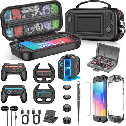 Spican Switch 2 Accessories Bundle 17-in-1, Switch 2 Carrying Case, Joypad Charger, Screen Protectors, Steering Wheel, Joypad Grip & More for Nintendo Switch 2 - size: 17 in 1 Bundle