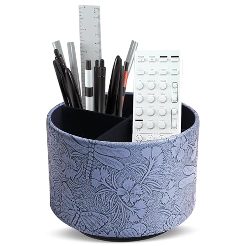 Round Leather Art Supply Organizer,Remote Control Holder,360-degree Rotating Pen Organizer with 4 Compartments(1-Butterfly Blue2) - color: 1-3Butterfly Blue2