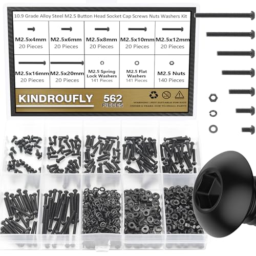 562 Pieces Black M2.5 x 4/6 /8/10 /12/16 /20mm Button Head Socket Cap Screws Nuts Washers Assortment Kit, 10.9 Grade Alloy Steel - size: M2.5, style: Button Head
