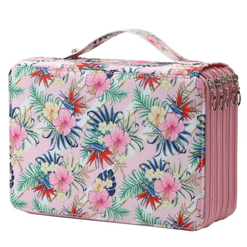 Canvas 250 Slots Pencil Case 5-Layer Zipped Holder w/Handle - color: Pink Flower, size: 250