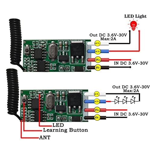 DieseRC 2 Receiver Modules with 2 Transmitters Wireless Remote Control Switch DC 3.6V 5V 12V 24V 30V 2A 1 Channel 433Mhz Radio Control Remote Switch Small Mini Size Controller