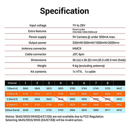 5.8GHz FPV VTX PIT/250/500/1000/2000mW Long Range Switchable Transmitter Support OSD Configuration Using Smart Audio and Microphone with MMCX, FC Uart for Racing Drone RC Drones Quadcopter RC Car