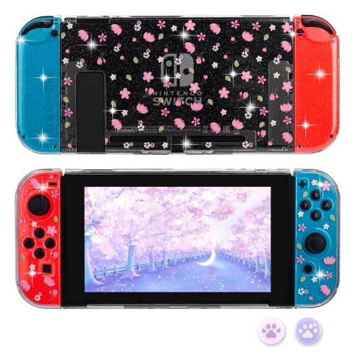 RHOTALL Cute Case Compatible with Nintendo Switch, Kawaii Accessories for Switch, Glitter Crystal Clear Cover for Switch and Joy Con Controller with 2 Glitter Thumb Grips - Cherry Blossoms - color: pink