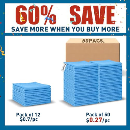 TEAWOO Blue Microfiber Towels Bulk-50 Pack, Cleaning Cloths - color: Blue, size: 50 Pack