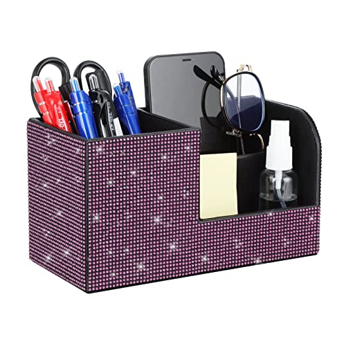Desk Pen Pencil Holder Bling Pasted Rhinestones Paper Stationery Storage Box, Multi-functional Organizer for Pen/Pencil,Cell phone,Business Name Cards,Eye Glasses,Remote Control Holder (Pink) - color: Pink