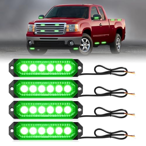 HLauto 406T Emergency Strobe Grille Lights: 4Pcs 6 LED Sync Feature Safety Warning Flashing Light, 12V-24V Ultra Slim Surface Mount Hazard Caution Light for Truck, Vehicle, Car, ATV, UTV (Green) - color: Green