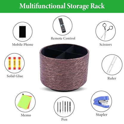 Round Leather Art Supply Organizer,Remote Control Holder,360-degree Rotating Pen Organizer with 4 Compartments(1-Light Tree Brown) - color: 1-Light Tree Brown