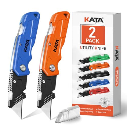 KATA Folding Box Cutter, 2 PC Pocket Utility Knife with 10 SK5 Razor Blades - color: Orange/Blue