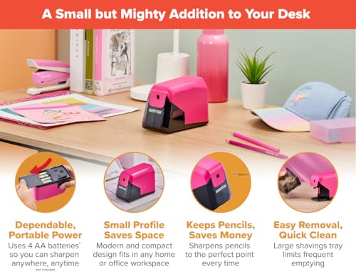 Bostitch Office Battery Pencil Sharpener, 4X Longer Cutter Life, Tip Saver Technology, Pink - color: Pink
