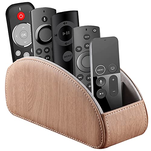YAPISHI All-in-One Leather TV Remote Control Holder With 5 Compartments Nightstand Desktop DVD Media Player Remote Caddy Storage Box Organizer Tray For Makeup Brush Pen Stationary Table Controllers - color: Khaki, size: Small