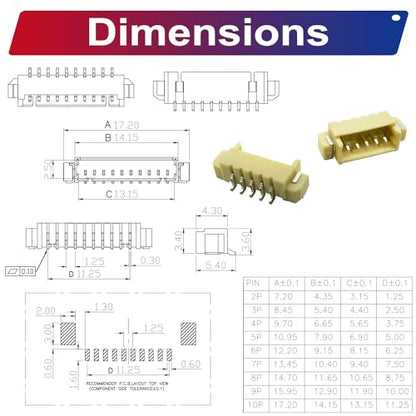 Compatible with Molex 1.25mm Pitch PicoBlade PCB Header Right-Angle Surface Mount 2 3 4 5 6 7 8 9 10 12 Circuits (TC-MX-1.25mm-SMT-RA) - size: Surface Mount-Right-Angle