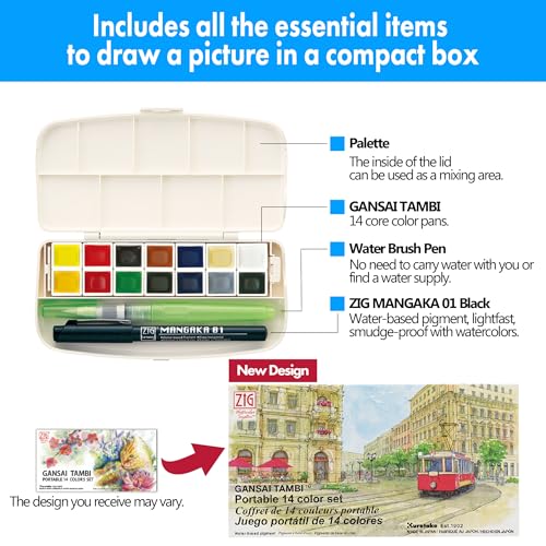 Kuretake Gansai Tambi Portable Watercolor Paint Set, 14 Colors, Japan